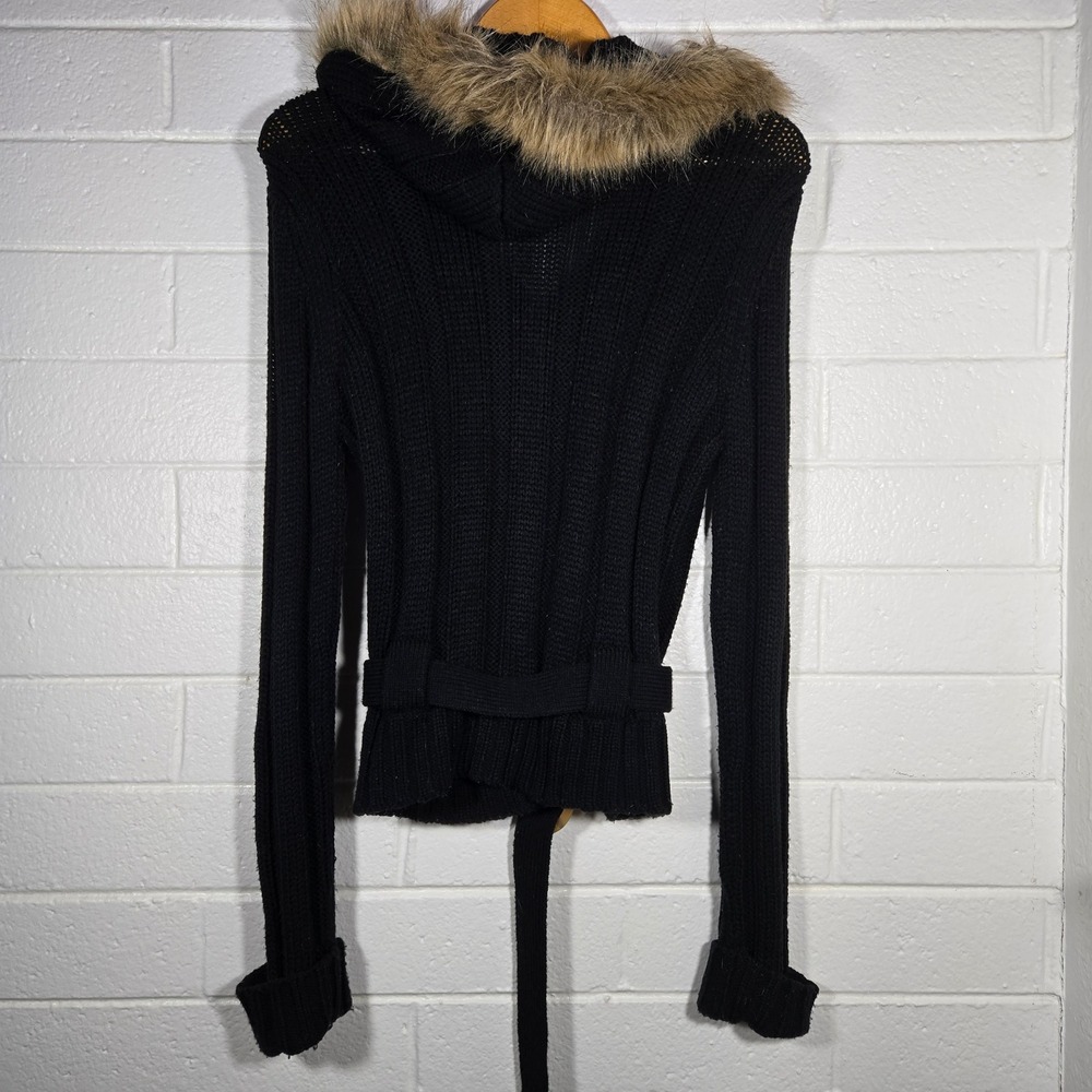Vtg Y2K Ribbed Cable Knit Faux Fur Hood Belted Cardigan Sweater Large Chunky - Picture 4 of 8